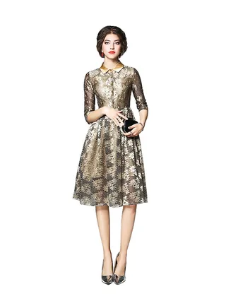 Damask Pattern Midi Dress Golden/White 