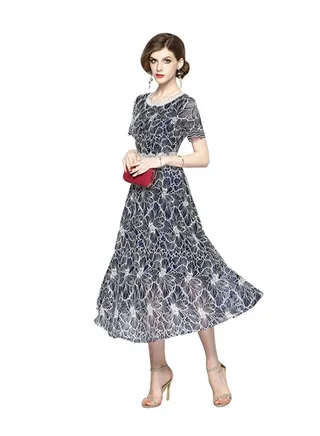 Solid Pattern Midi Dress White/Blue 