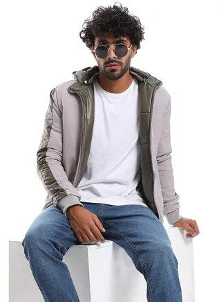 Zipper Closure Double Face Printed & Waterproof Jacket _ Olive Green & Light Grey 