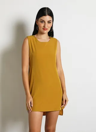 Women'S Casual Midi Sleeveless Plain Basic Dress Yellow 