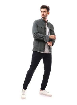 Polyester Olive Green Buttoned Jacket With Pockets_Green 