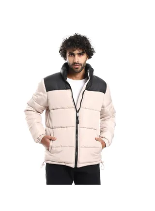 Quilted Pattern Long Sleeves Puffer Jacket - Black & Beige 
