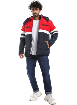 Zipper Closure Double Face Waterproof Jacket _ Navy Blue, Red & White 