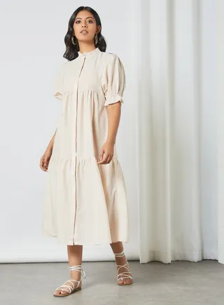 Tiered Button Down Dress Beige 