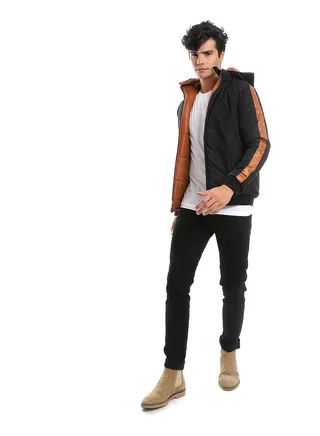 Zipper Closure Double Face Printed & Waterproof Jacket - Cramel Brown & Black_Multicolour 