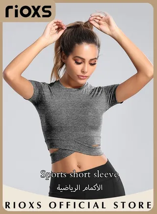 Womens Short Sleeve Athletic Crop Tops Yoga Tops Slim Fit Shirts For Running Exercise 