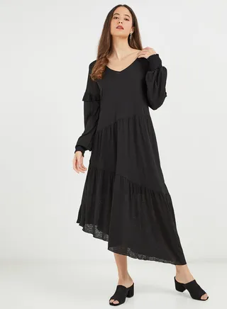 Asymmetric Pleated Dress Black 