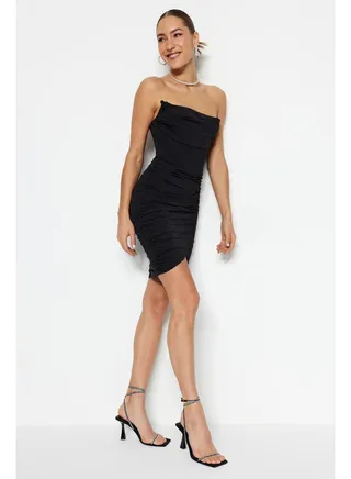 Black Fitted Knitted Lined Corset Detailed Elegant Evening Dress TPRSS23EL00174 