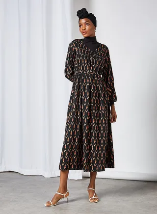 Printed V-Neck Dress Black Aztec 