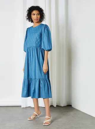 Quilted Bodice Dress Medium Blue Denim 