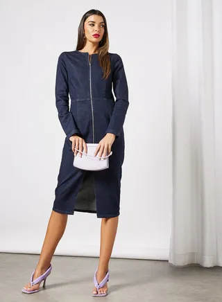 Zip-Up Denim Dress Dark Blue 