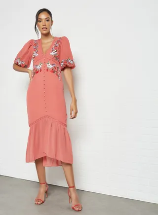 Embroidered Floral Midi Dress Terracotta 