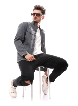 Polyester Grey Mandarin Collar Buttoned Jacket_Grey 