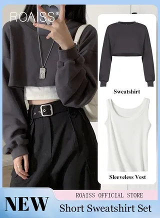 Women 2 Piece Set Loose Fit Pullover Short Sweatshirt & Slim Fit Sleeveless Vest Classic and Timeless Solid Color Design Loose Fit to Enhance the Figure and Prevent Exposing Perfect as a Base Layer 