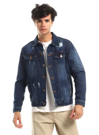 Ripped Details Below Waist Length Denim Jacket - Classic Indego 