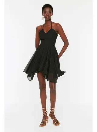 Black Strap Chiffon Elegant Evening Dress TPRSS22EL1313 