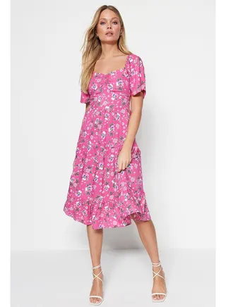 Pink Floral Print A-line Balloon Sleeve Midi Woven Dress TWOSS20EL2323 