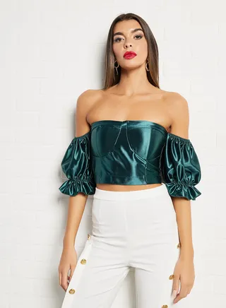 Puff Sleeve Crop Top Green 