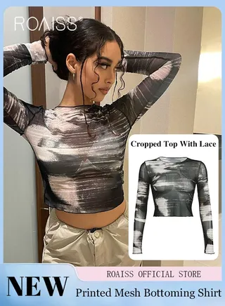 Women Printed Base Layer Top Slim Fit to Accentuate Figure Ink Gradient Color Design for an Elegant and Timeless Look Playful and Lovely with Lace Accents Casual Long Sleeve Base Layer Shirt for Women 