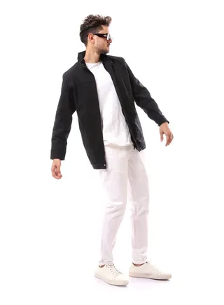 Buttoned Mandarin Collar Polyester Coat_Black 