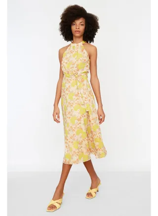 Yellow Belted A-Line Midi Lined Halter Neck Sleeveless Floral Print Woven Dress TWOSS20EL2536 