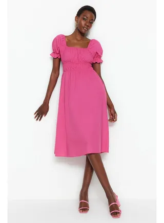 Fuchsia Waist Opening Balloon Sleeve Midi Woven Dress TWOSS22EL1768 
