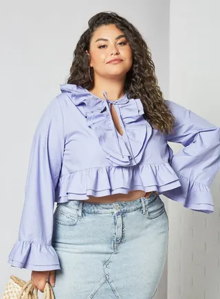 Plus Size Tiered Frill Crop Top Purple 