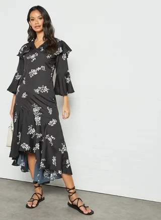Floral Asymmetric Hem Dress Black 