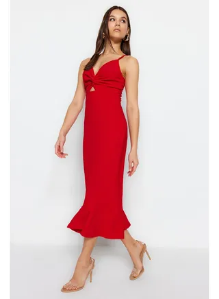 Red Crepe Fitted Strap Cut Out Detailed Flounce Sweetheart Neckline Mini Knitted Dress TWOSS23EL02097 