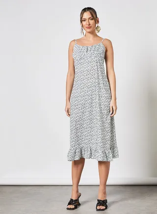 Leaf Print Midi Dress White 