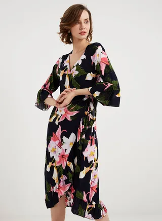 Floral Printed Midi Dress White/Pink/Purple 