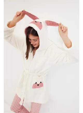 Ecru Animal Figured Wellsoft Knitted Dressing Gown with Pockets, Hoodie THMAW21SB0002. 