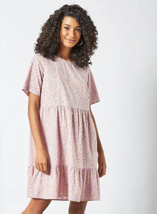 Printed Short Sleeve Dress Pink 
