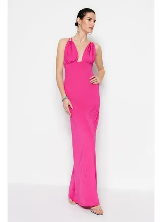 Fuchsia Lined Knitted Long Evening Evening Dress TPRSS23AE00011 
