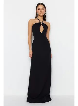 Black Evening Dress With Accessory Detail TPRSS23AE00183 