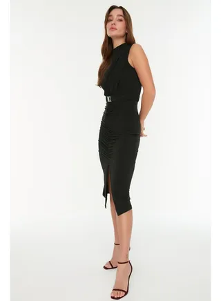 Black Fitted/ Fitted Sleeveless Draped Detail Midi Stretch Knitted Dress with Belt TWOSS22EL0756 