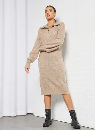 Half-Zip Knitted Dress Brown 