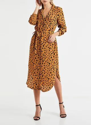 Allover Printed Shirt Dress Brown 