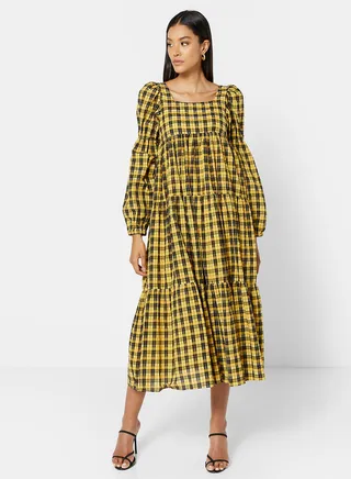 Emphasis Check Midi Dress Yellow 
