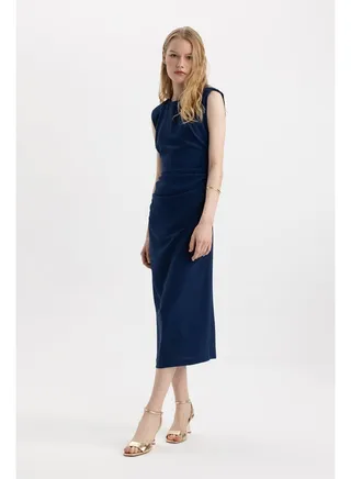 Woman Smart Casual Bodycon Round Collar Short Sleeve Woven Dress 