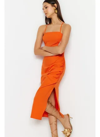 Orange Drape Detailed Midi Elegant Evening Dress TPRSS23EL00543 