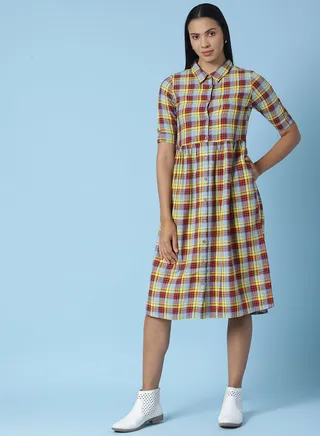Casual Checkered Midi Dress Multicolour 