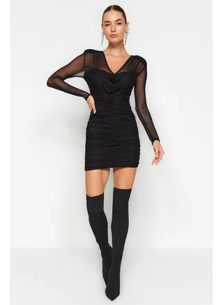 Black Draped Rose Tulle Elegant Evening Dress TPRAW24EL00127 
