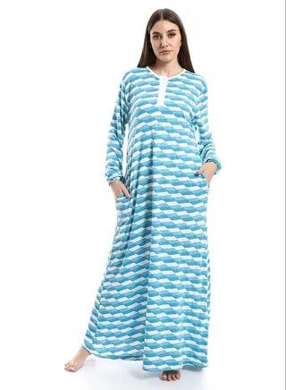 Long Sleeves Self Patterned Nightgown White & Sky Blue_Sky Blue 