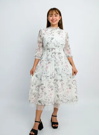 Women’s Floral Design Long Dress in Misty-Grey 