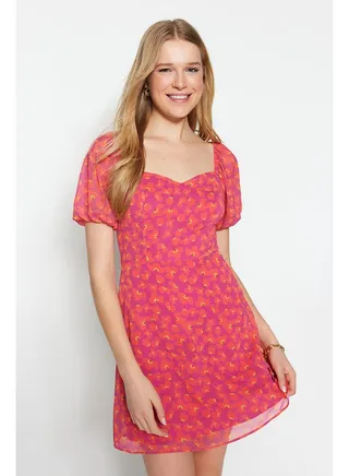 Fuchsia Floral A-Cut Chiffon Lined Mini Woven Dress TWOSS23EL00512 