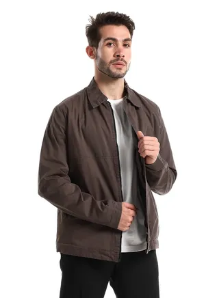 Dark Grey Solid Casual Jacket With Side Pockets 