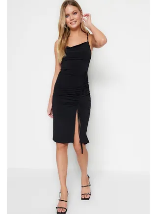 Black Gather Detailed Fitted Midi Collar Stretchy Knitted Dress TWOSS23EL01267 