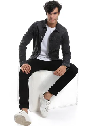 Turn Down Collar Long Sleeves Denim Jacket_Iron Grey 