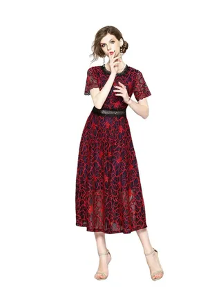 Solid Pattern Midi Dress Red/Blue 